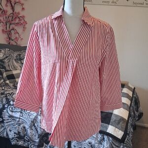 Red and White Striped Women’s Blouse - Classic Buttonless Shirt